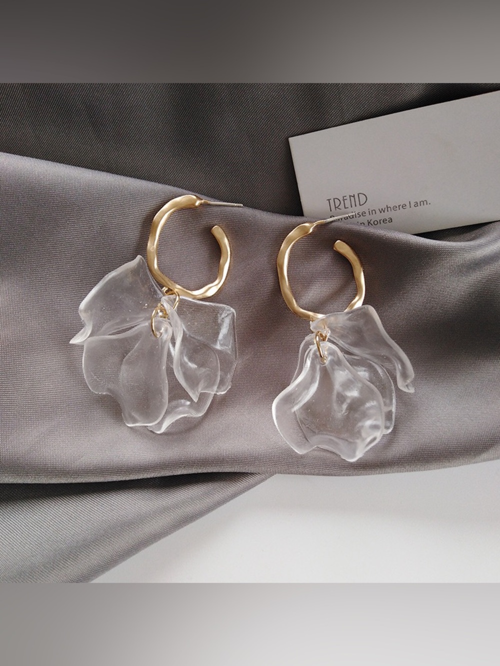 Korean Vintage Geometric Clear Flower Petals Gold Drop Earrings